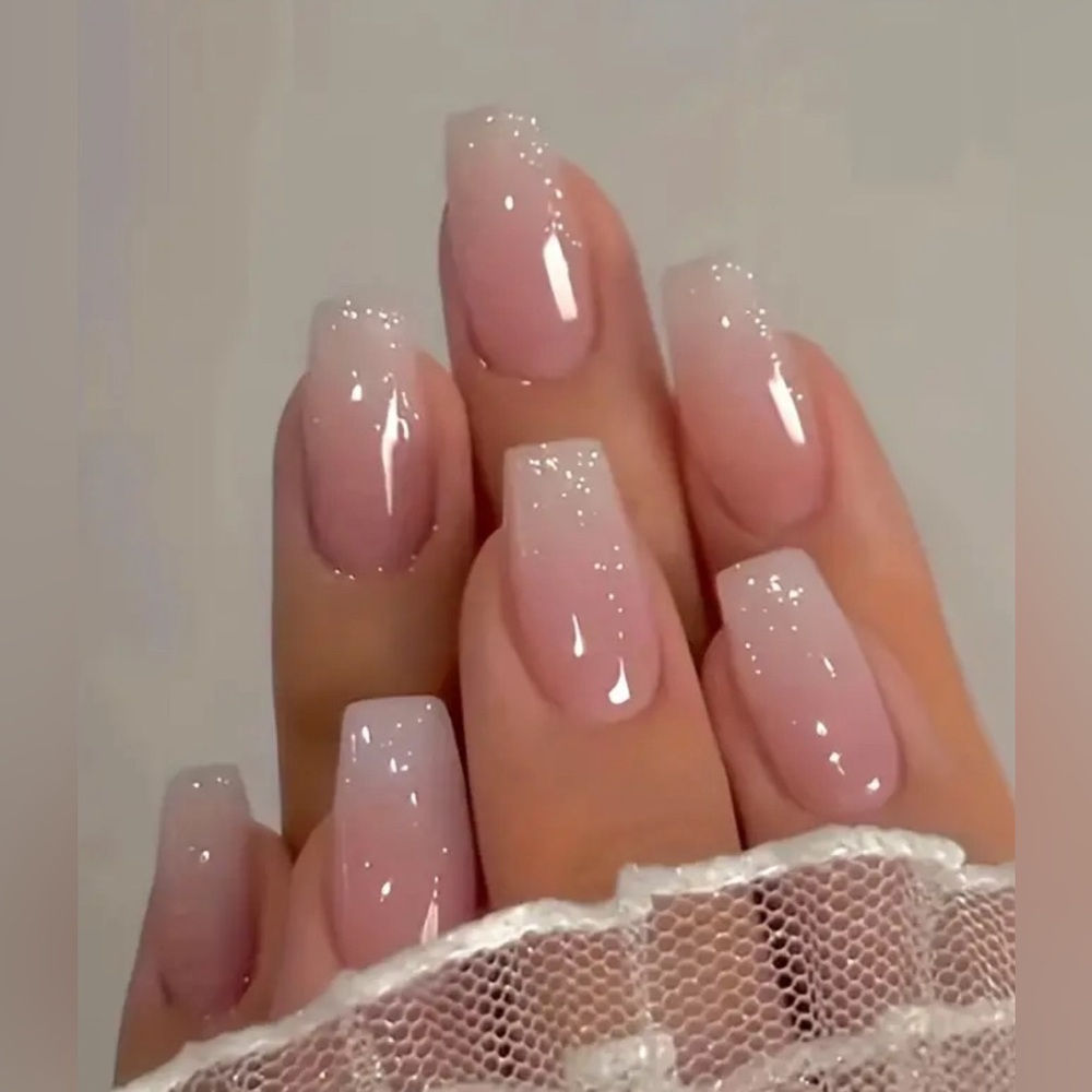Long Pink Ombré French Manicure Coffin Tip Press On Nails Kit, NIB